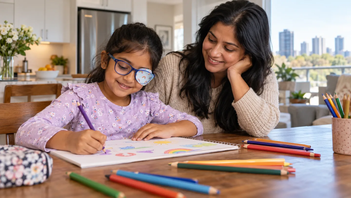 Illustration of a child wearing glasses and an eye patch while drawing beside a supportive parent