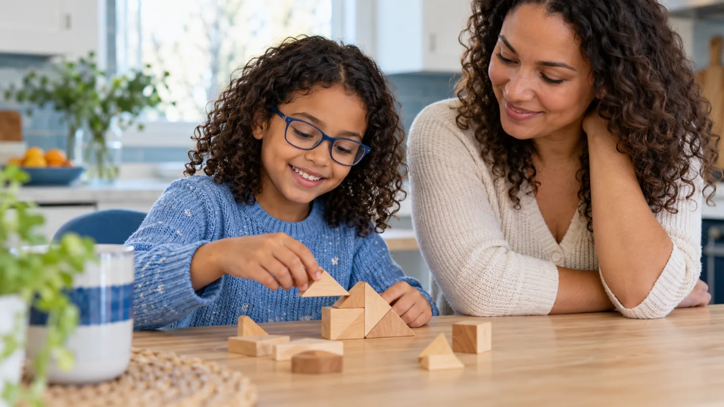 Illustrative scene of a child wearing blue prescription glasses while playing with wooden shapes beside her mother.