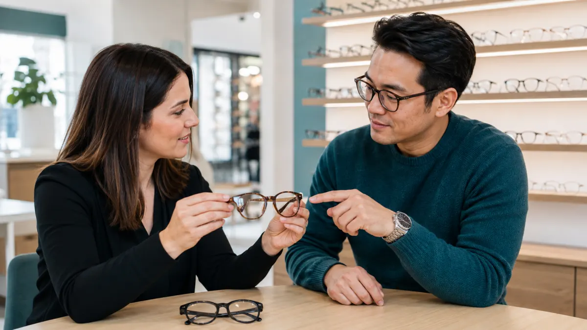 North York optician and patient comparing eyeglass frames for astigmatism correction