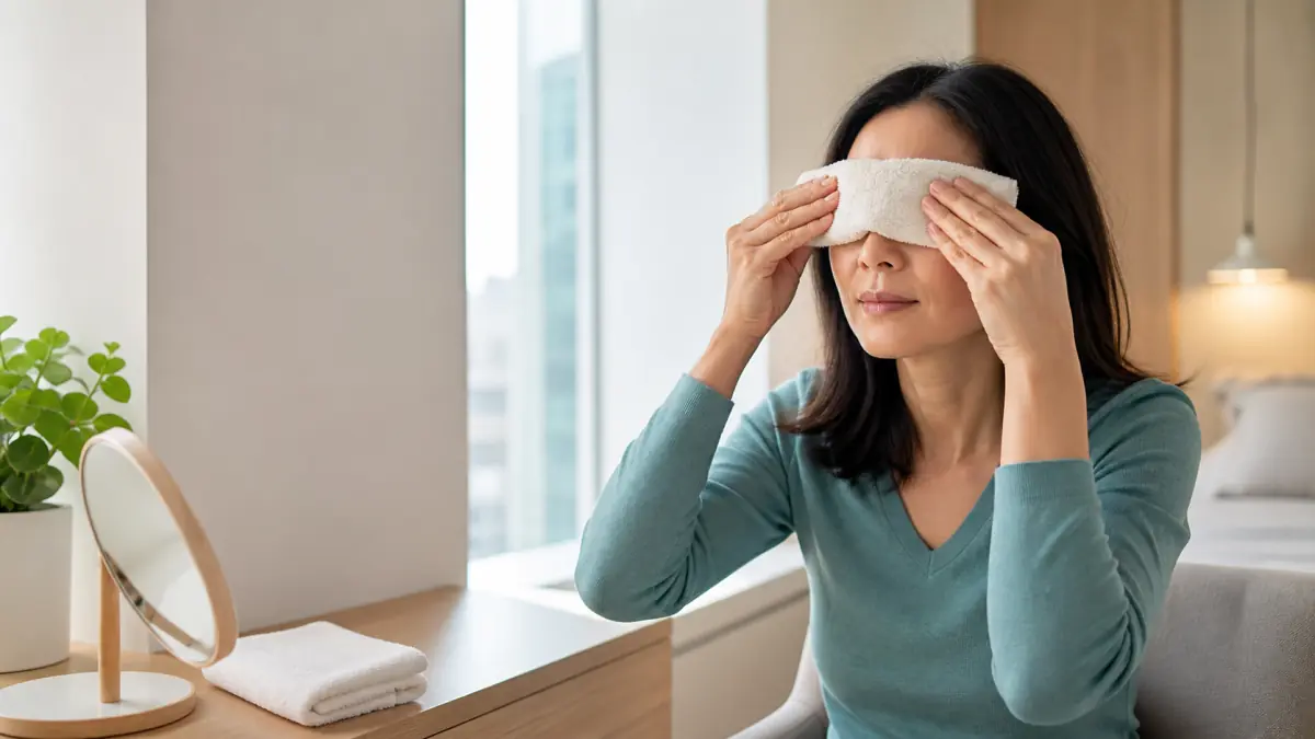 North York adult gently holding a clean warm compress over closed eyelids