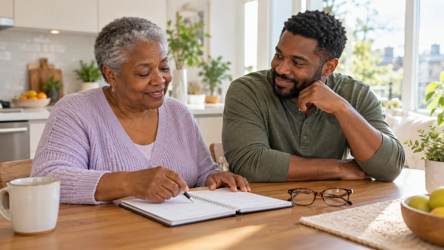 Illustrative scene of an older woman and her adult son organizing an appointment calendar at home.