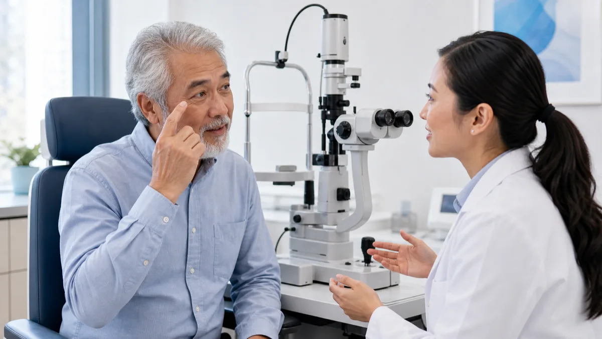 Senior patient discussing cataract-related vision changes with an optometrist