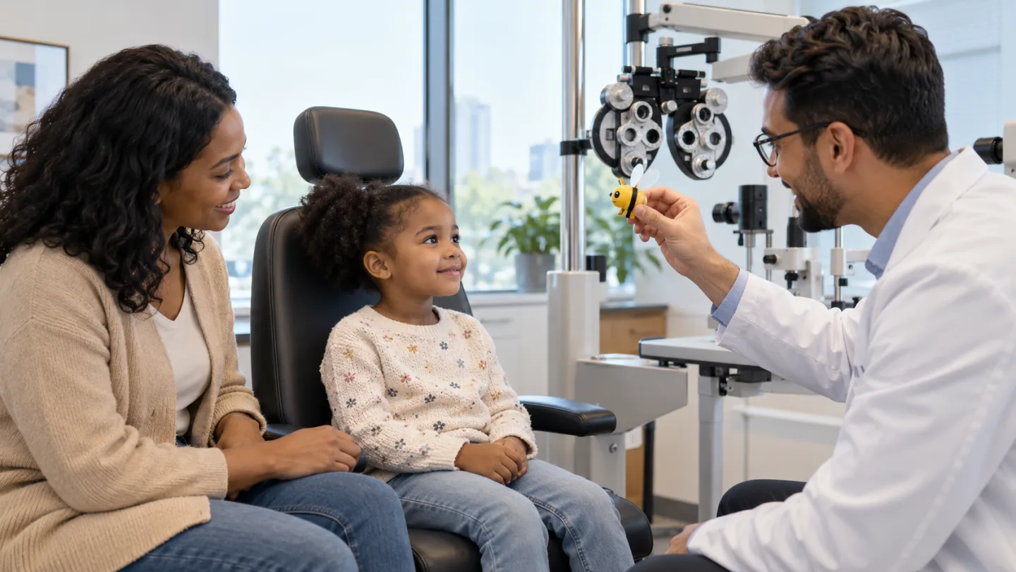Illustration of an optometrist using a small fixation toy during a child's eye examination with a parent present