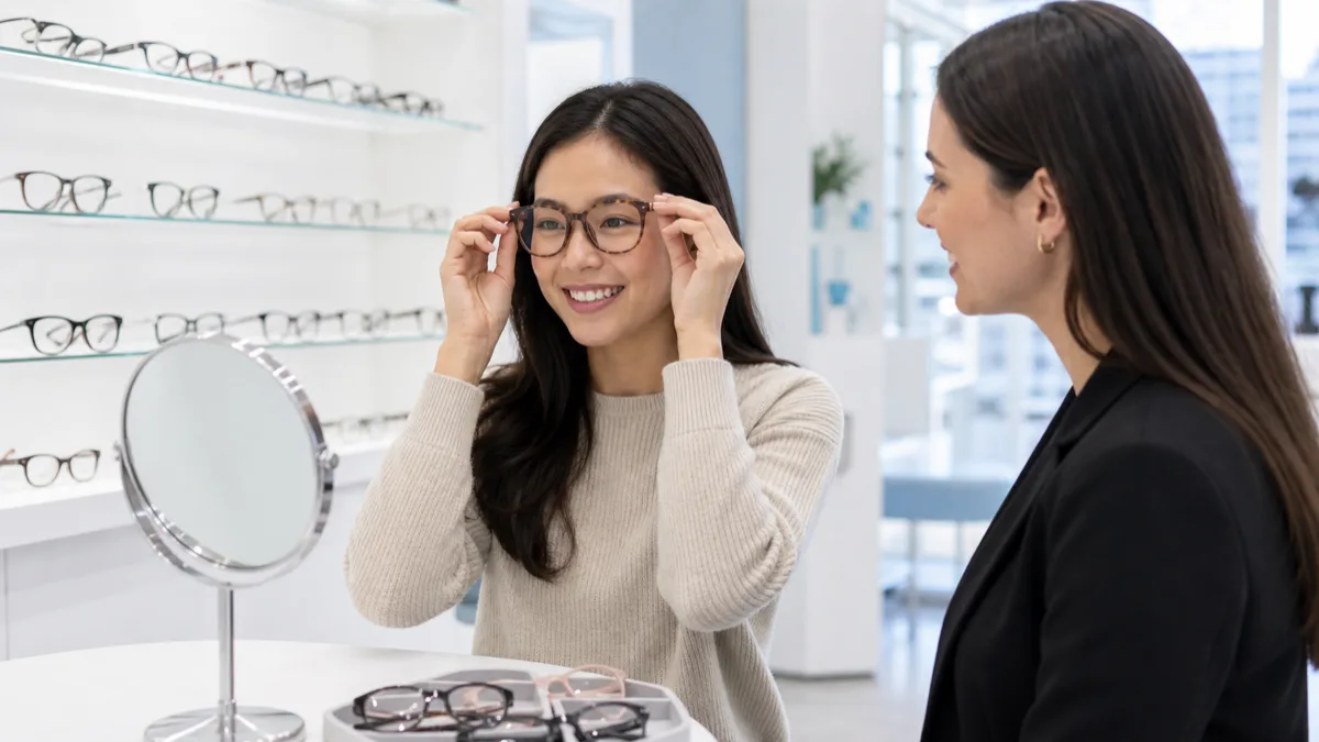 Patient choosing eyeglass frames in a modern optical clinic