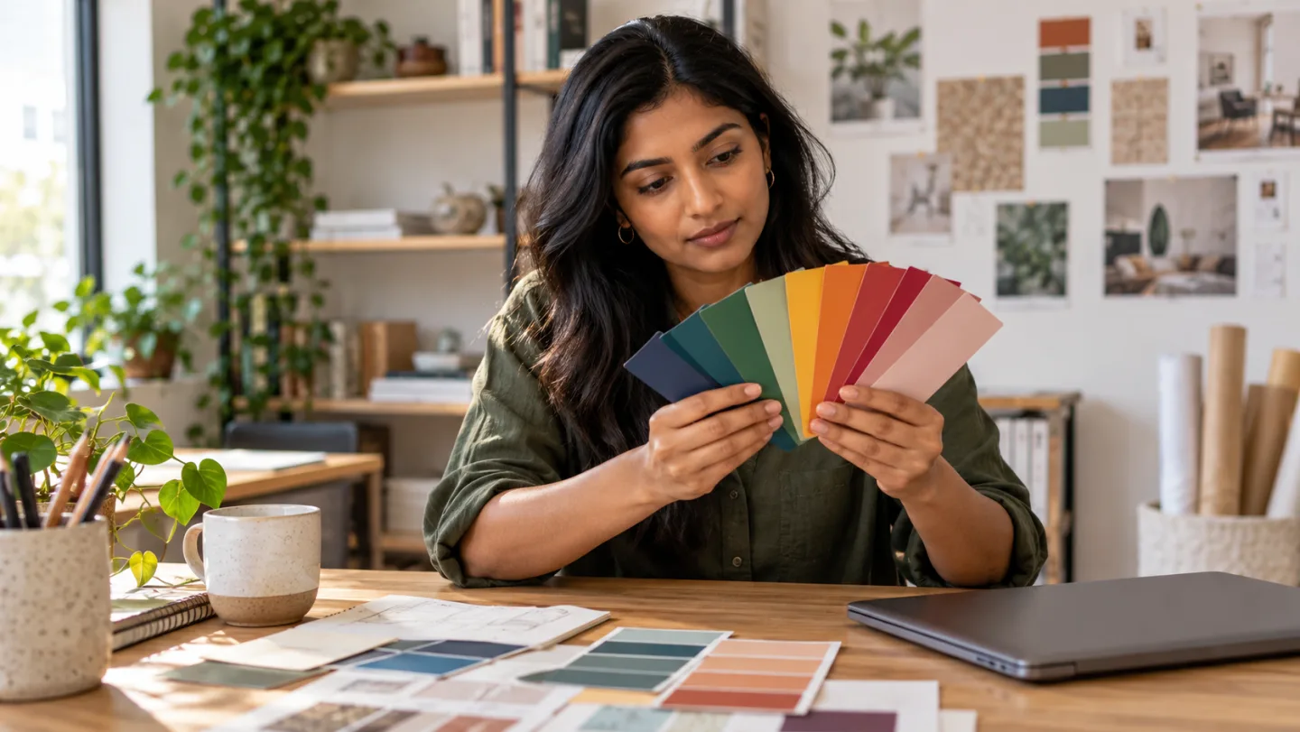 Illustration of a designer comparing coloured paper samples in natural daylight at a studio desk