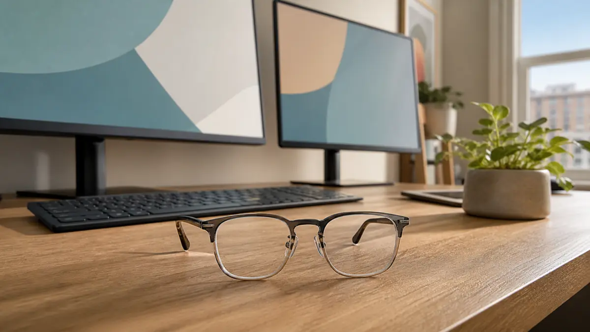 Prescription computer glasses on an ergonomic dual-monitor desk in North York