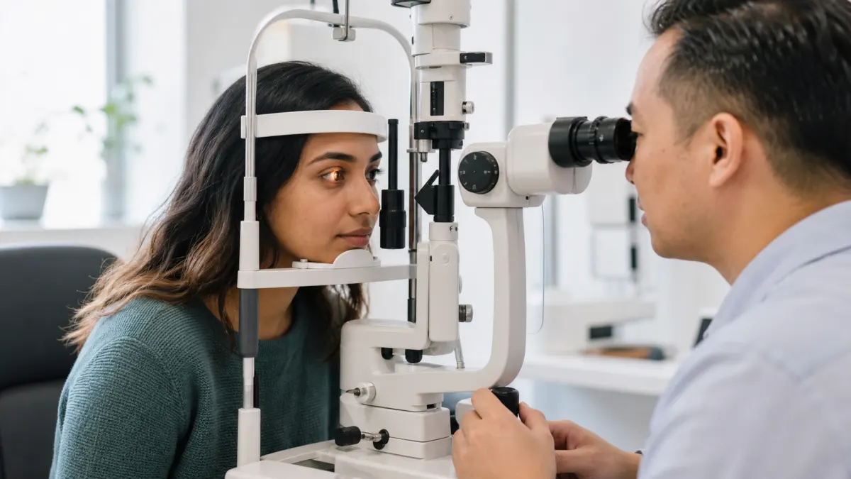 Optometrist evaluating a trial contact lens for astigmatism with a slit lamp in North York