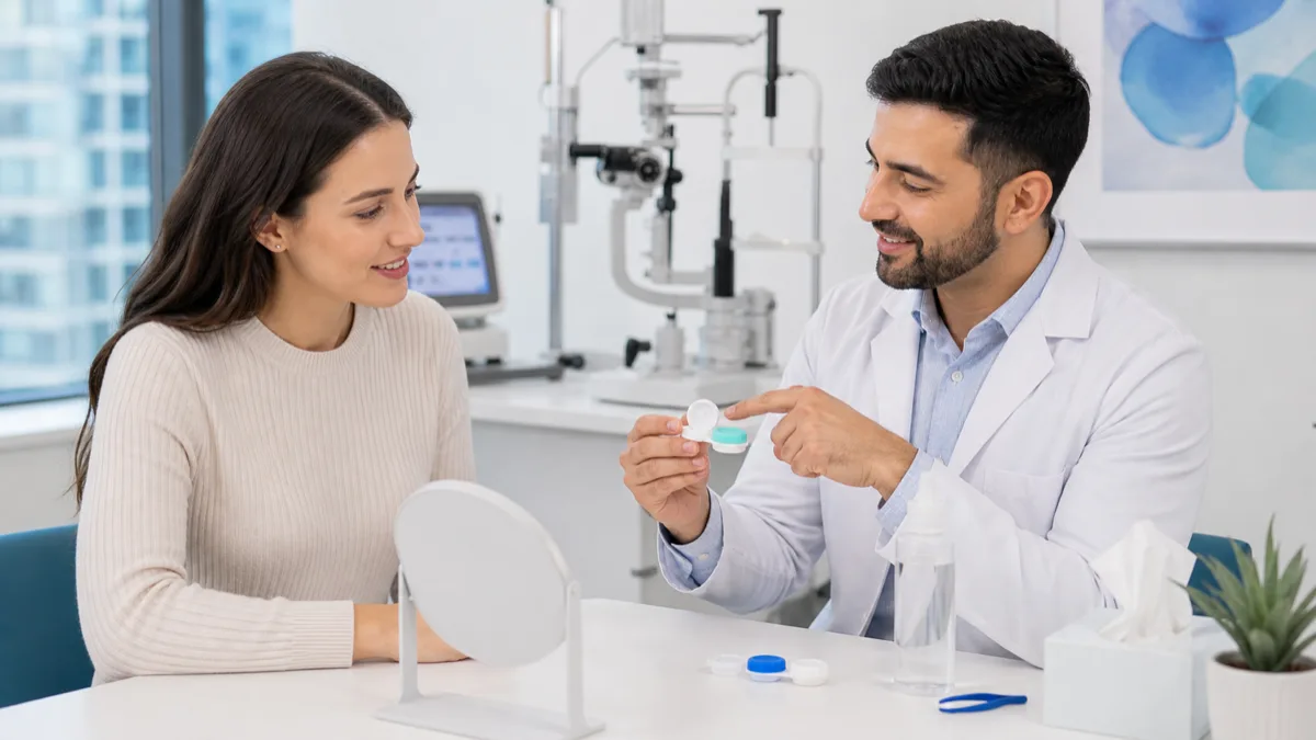 Optometrist teaching a patient about contact lens fitting and care
