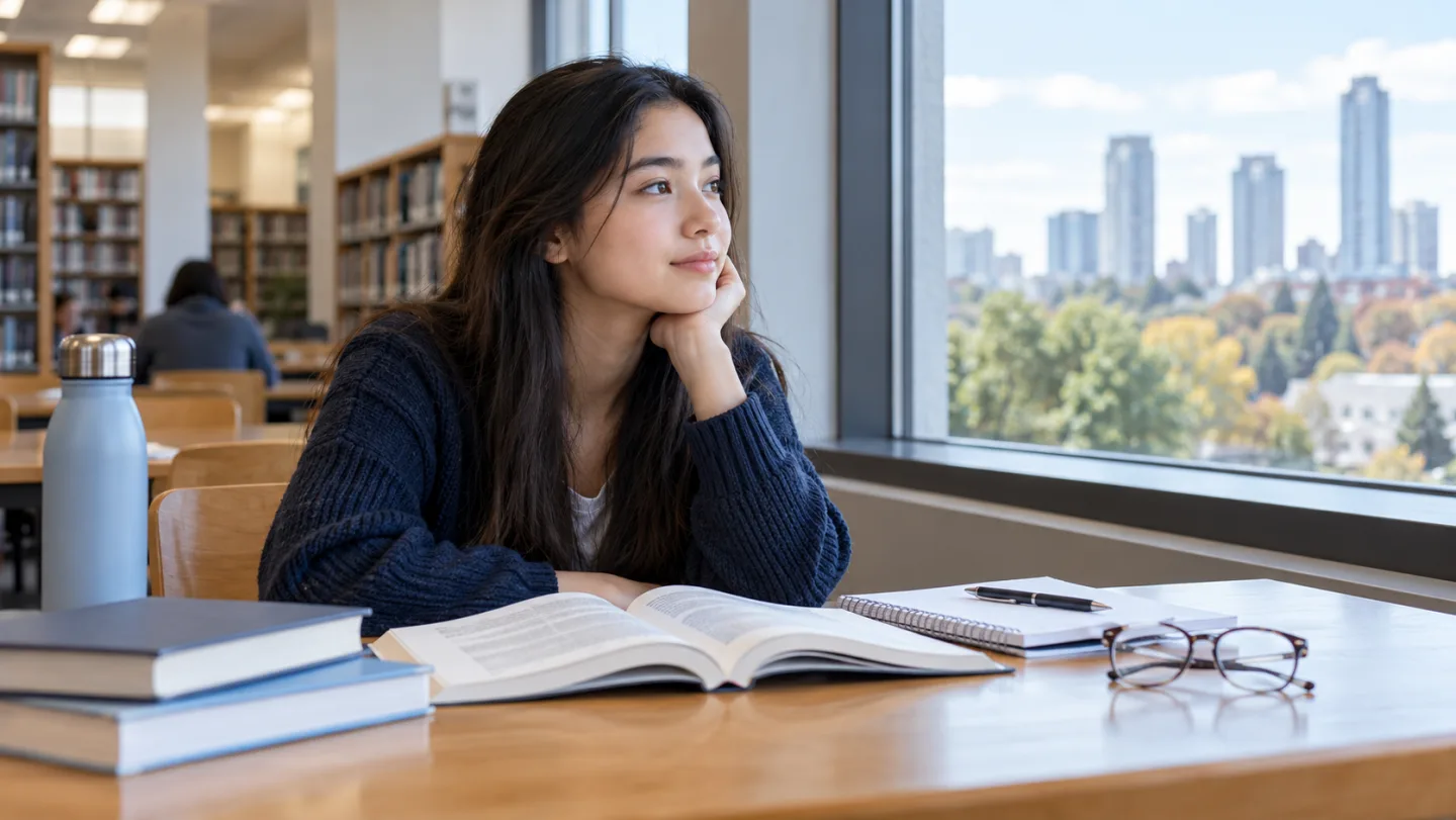Illustration of a teenager taking a distance-viewing break from a book at a library table
