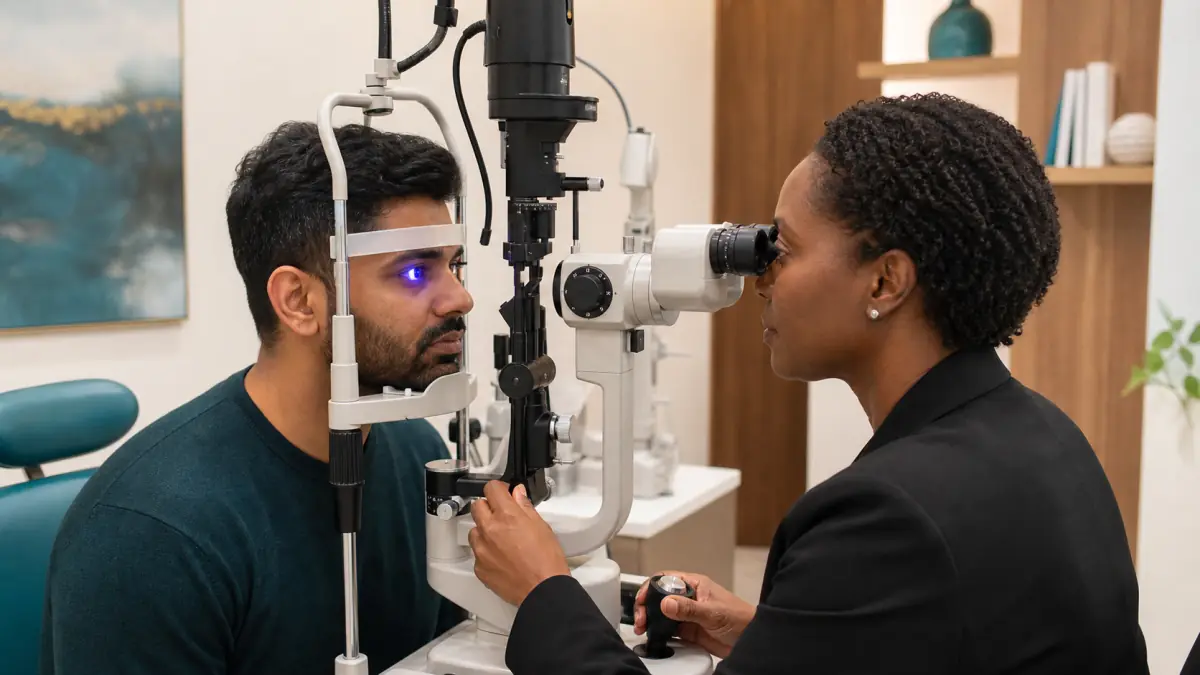 North York patient receiving a slit-lamp examination with cobalt-blue light after a suspected corneal abrasion