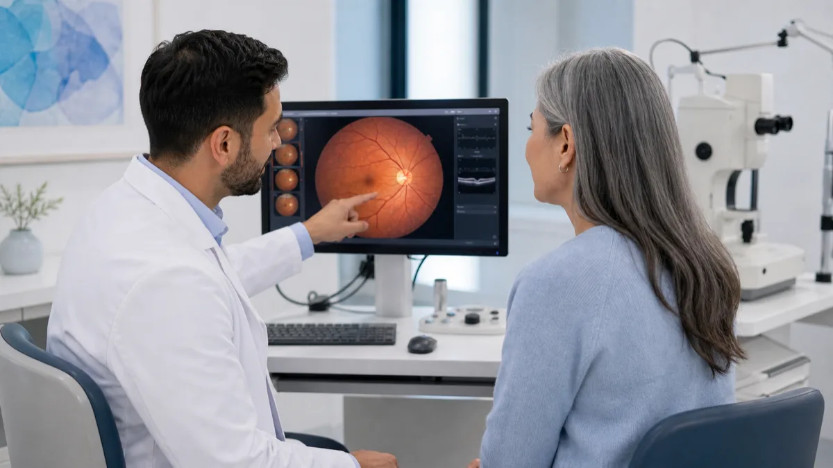 Optometrist reviewing retinal imaging with a patient during a diabetic eye exam