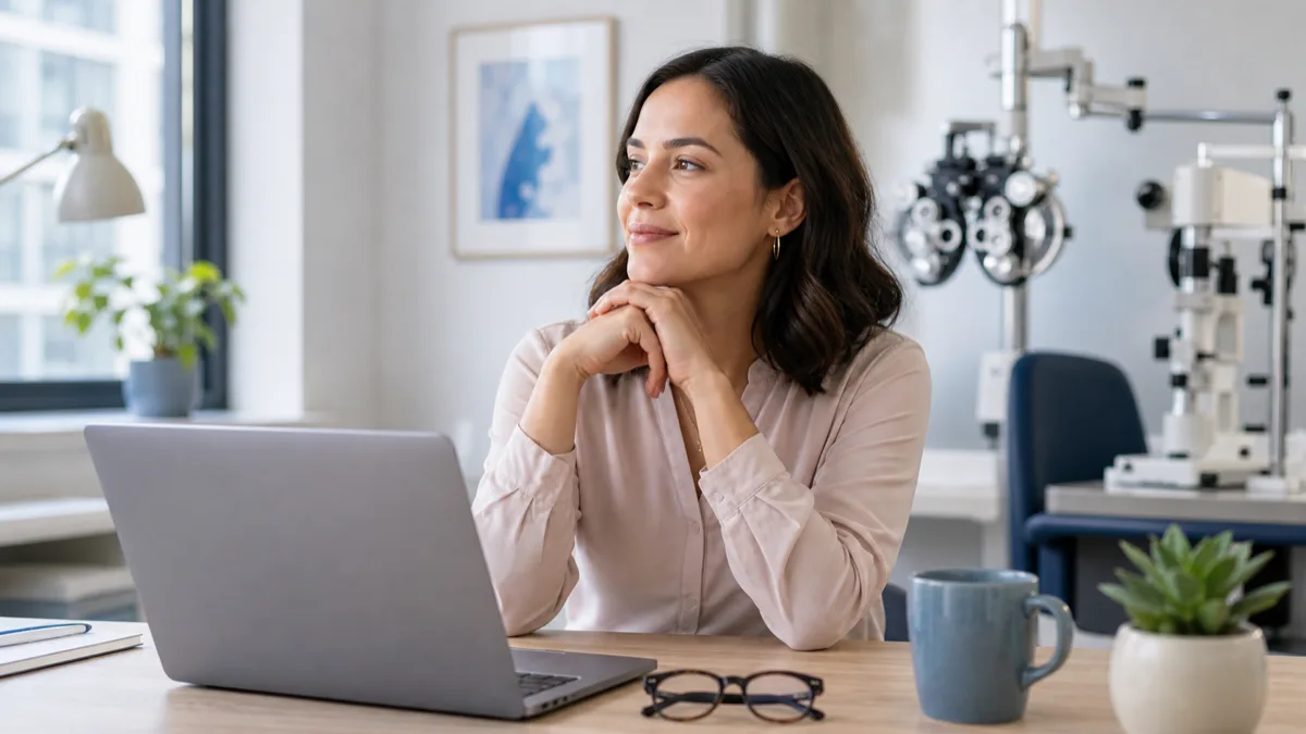 Office worker taking a screen break to reduce digital eye strain
