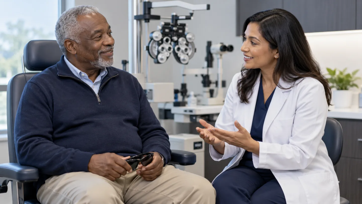 Illustration of a patient holding sunglasses while discussing an eye examination with an optometrist