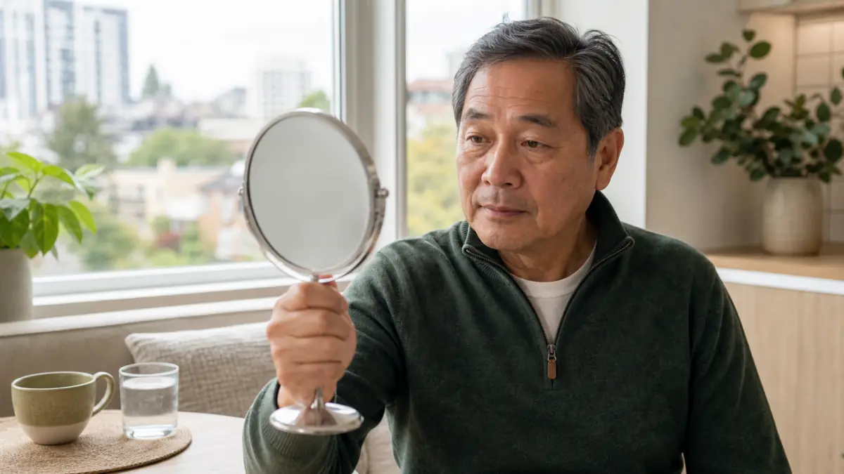 North York adult calmly checking subtle upper-eyelid asymmetry in a handheld mirror