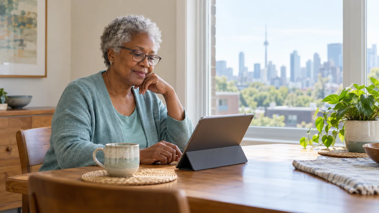 Illustrative scene of an older woman using a tablet at a bright dining table while managing everyday reading needs.