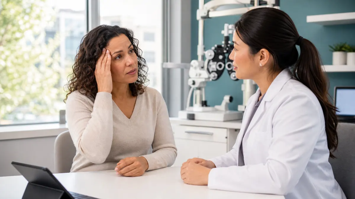 Patient discussing eye strain and headaches with an optometrist in a bright North York eye clinic