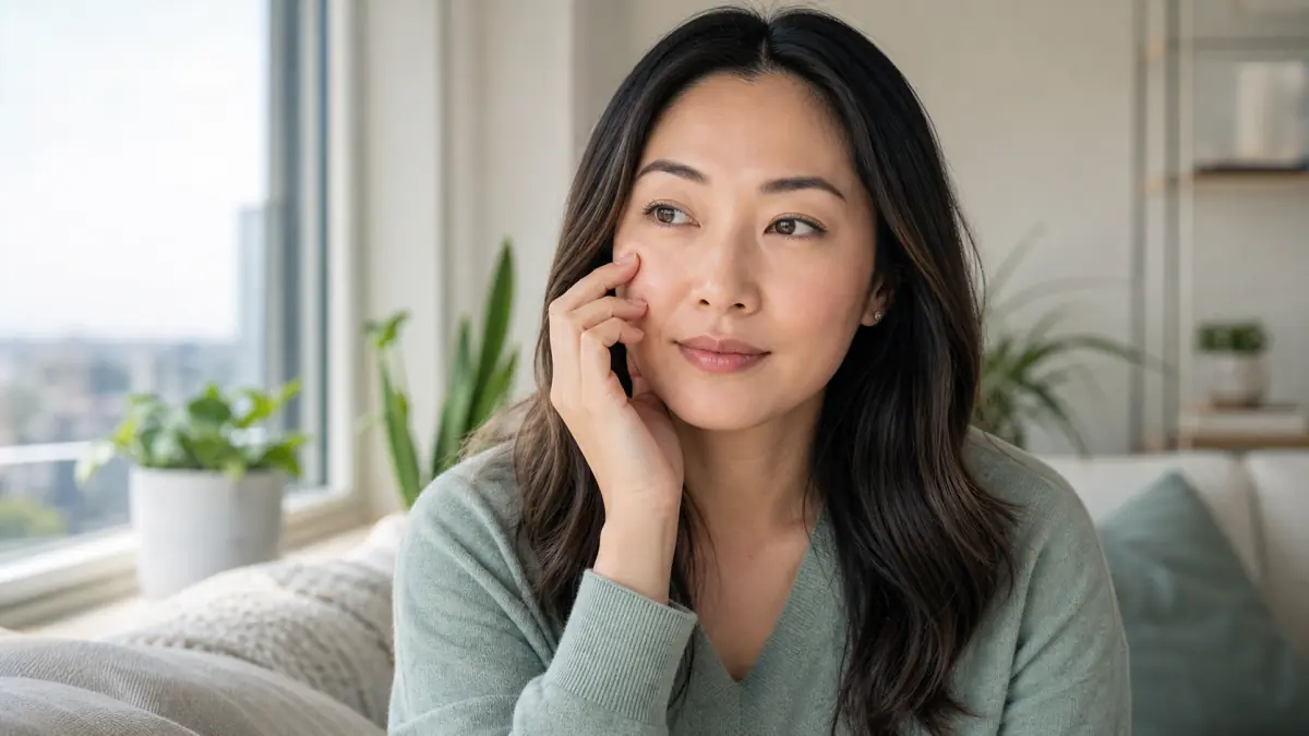 North York adult calmly noticing a subtle lower-eyelid twitch at home