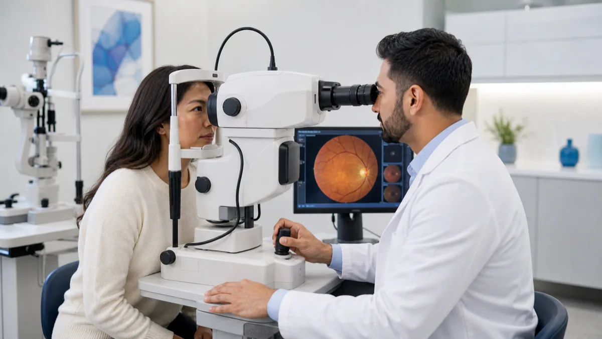 Optometrist examining the retina after a patient reports flashes and floaters