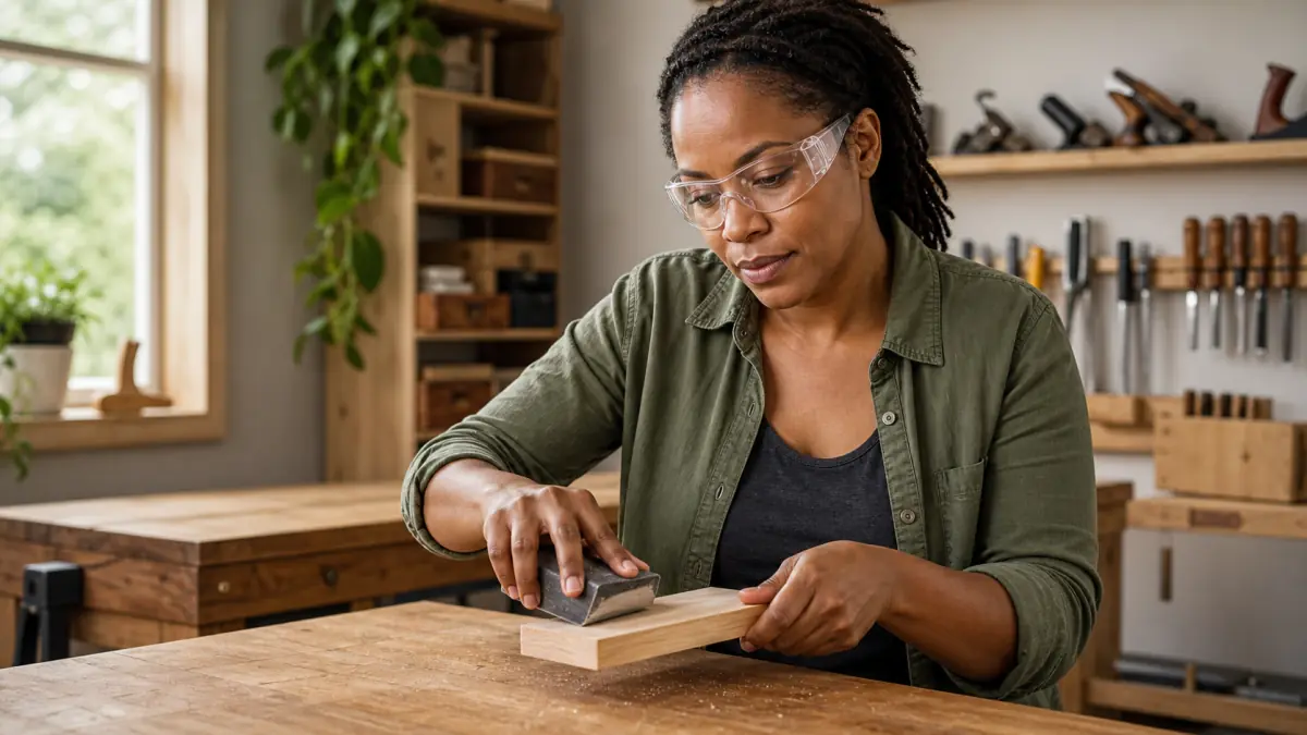 North York woodworker wearing wraparound safety glasses while hand-sanding wood