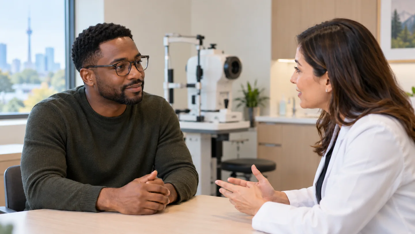 Illustrative consultation between a man wearing glasses and an eye-care professional.