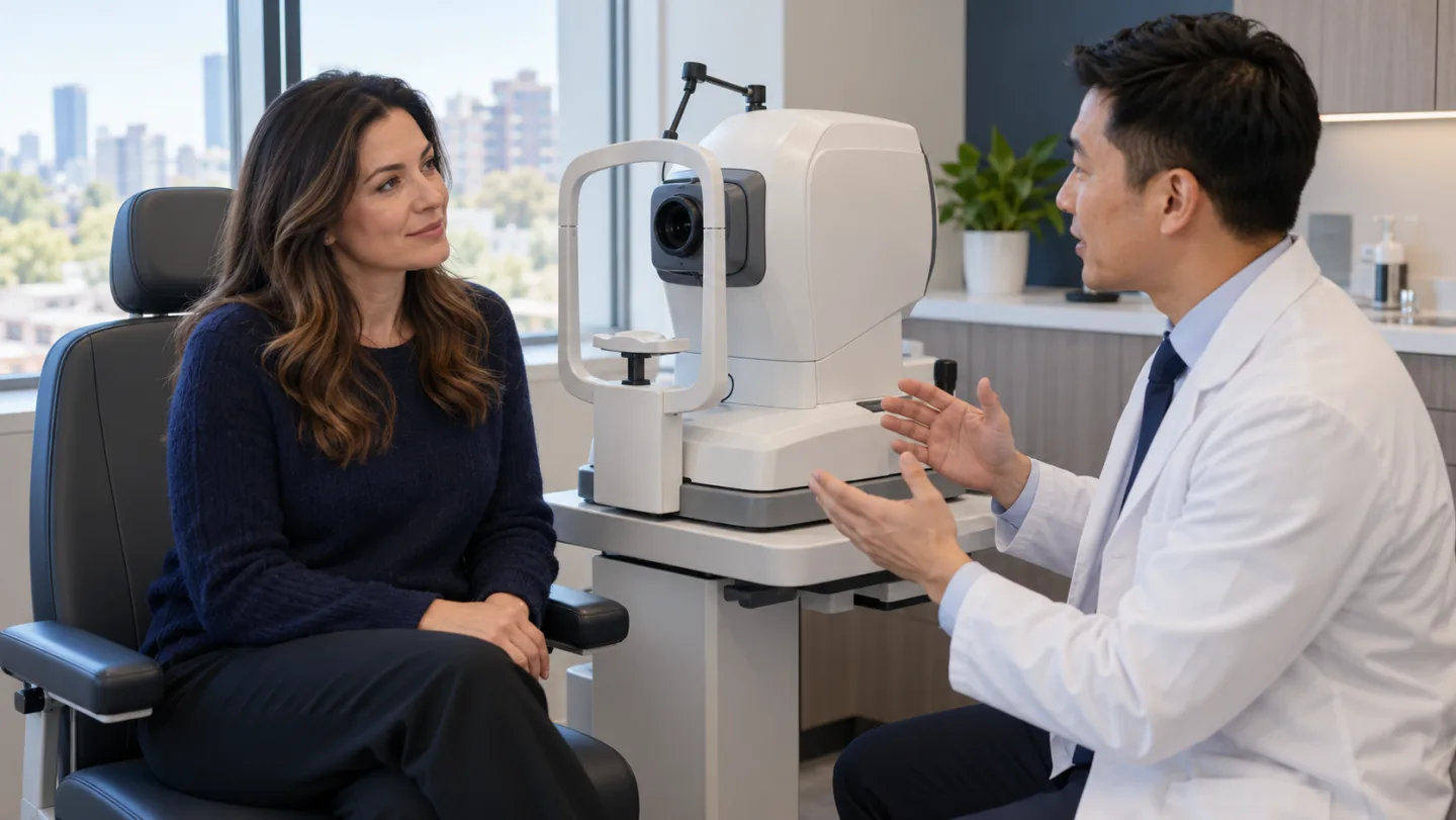 Illustrative scene of a woman discussing retinal screening beside an imaging device.