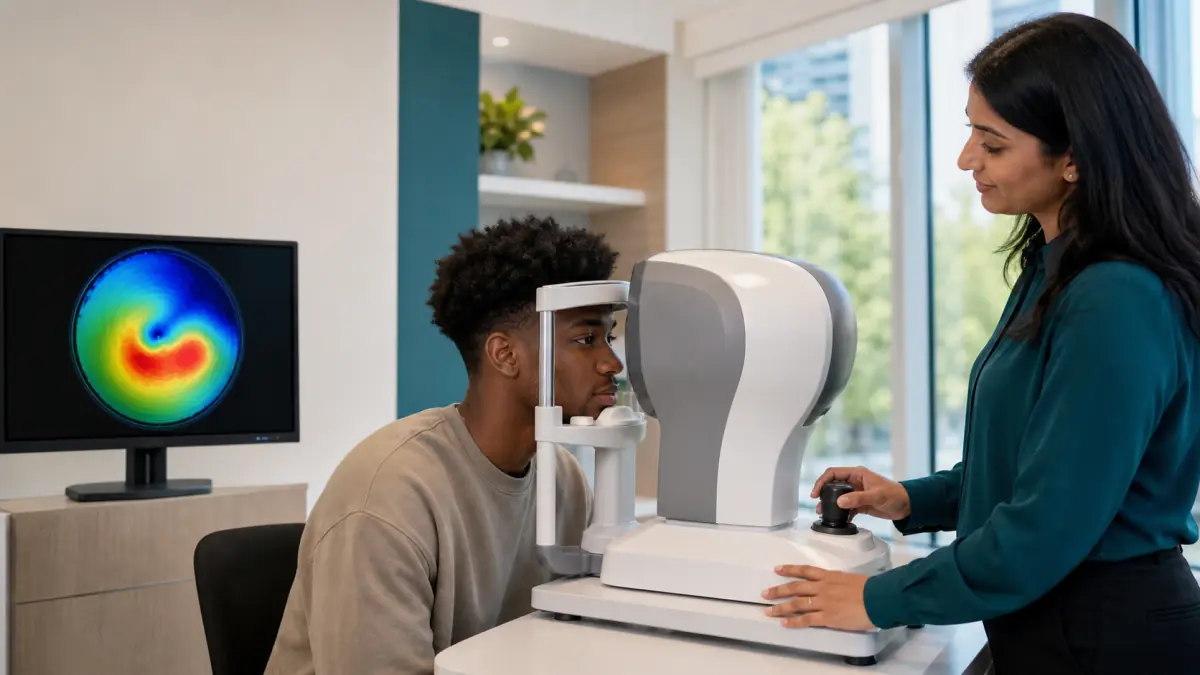 North York patient completing non-contact corneal topography for keratoconus assessment