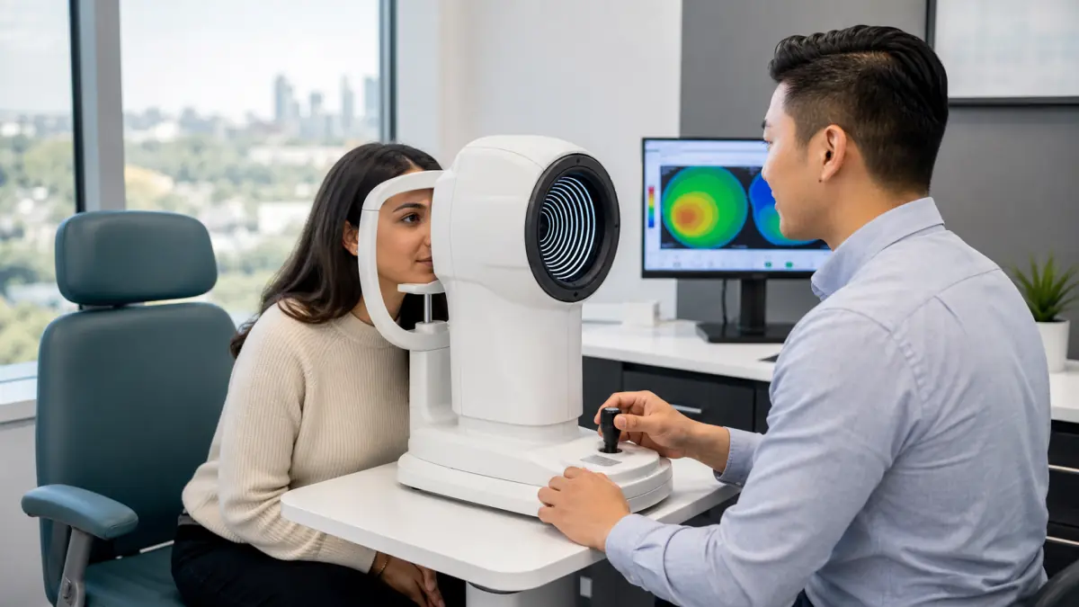 North York patient receiving non-invasive corneal mapping before a laser eye surgery referral