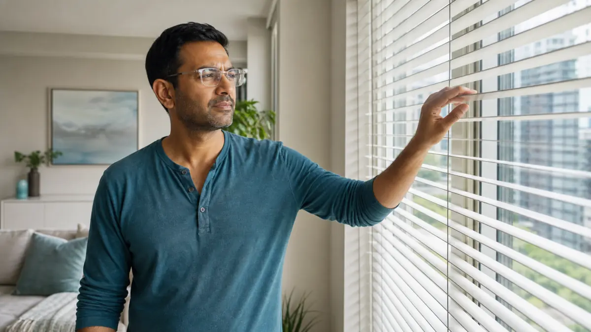 North York adult with clear glasses gently adjusting window blinds to reduce bright daylight