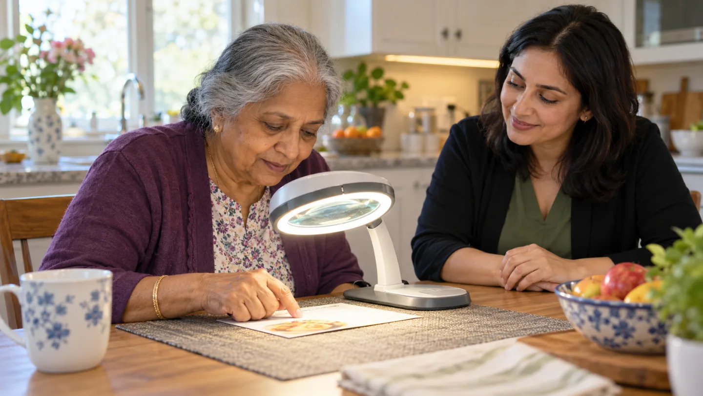 Illustrative scene of a woman discussing a magnifier and reading task with a rehabilitation professional.