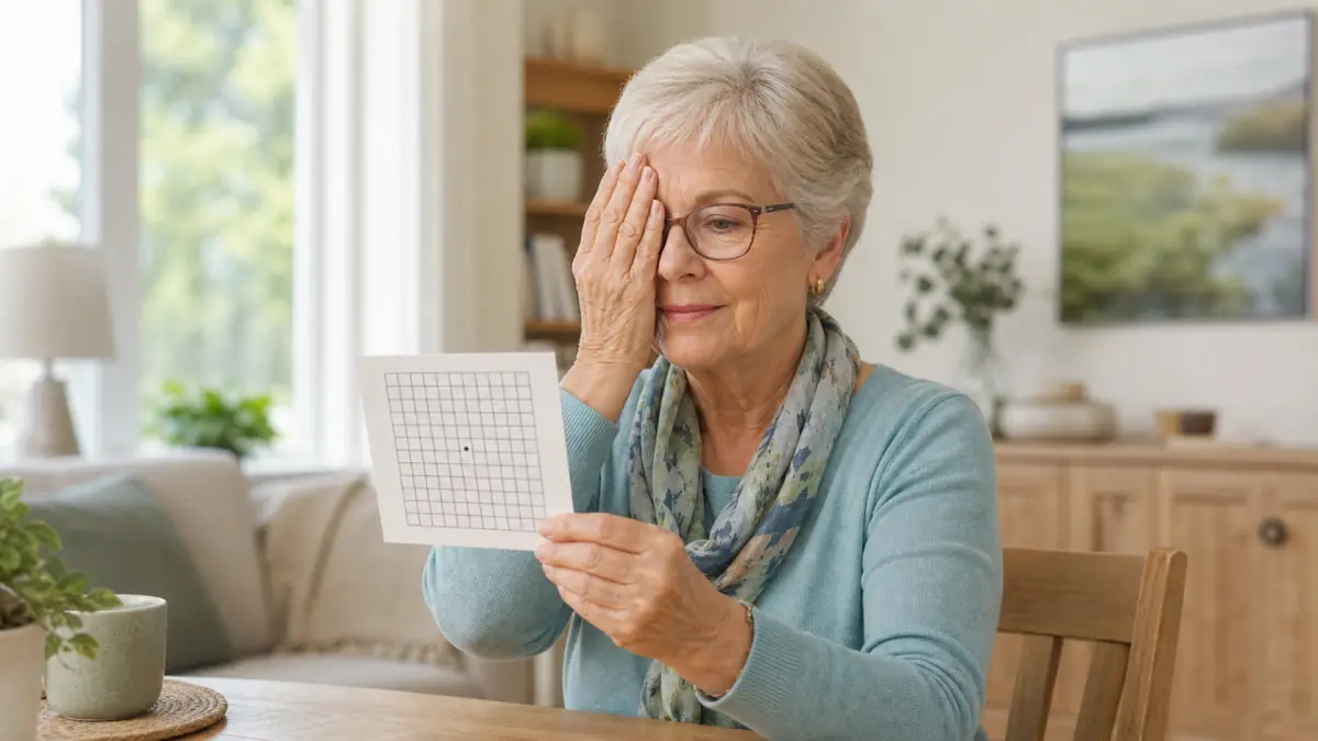 Older adult checking one eye with a central vision grid at home in North York