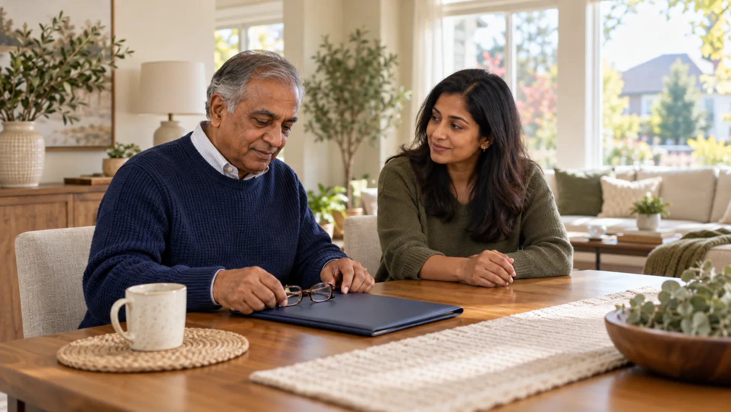 Illustrative scene of an older man and his adult daughter organizing information before an eye specialist appointment.