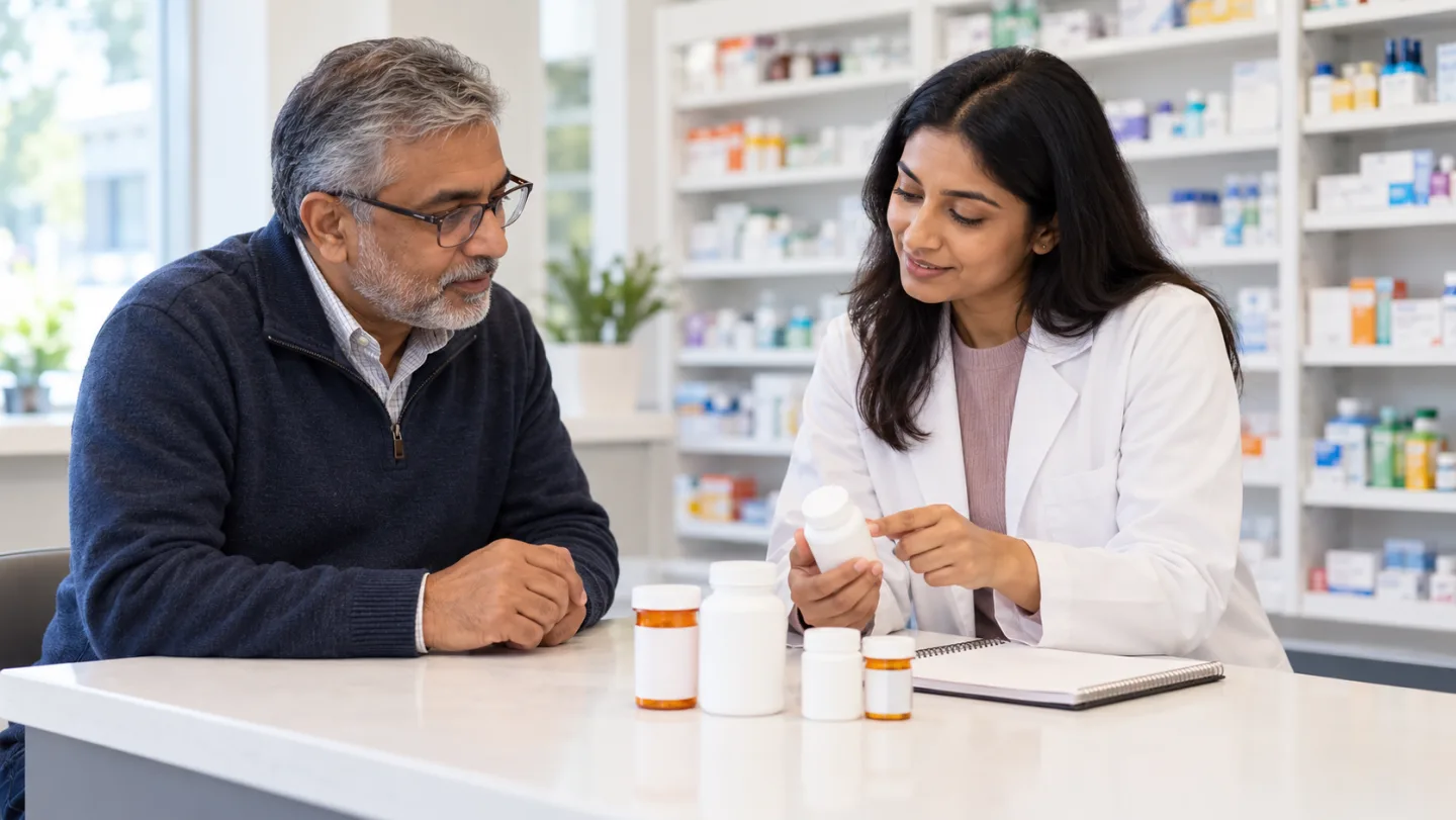 Illustrative scene of a man reviewing closed medicine containers with a pharmacist.