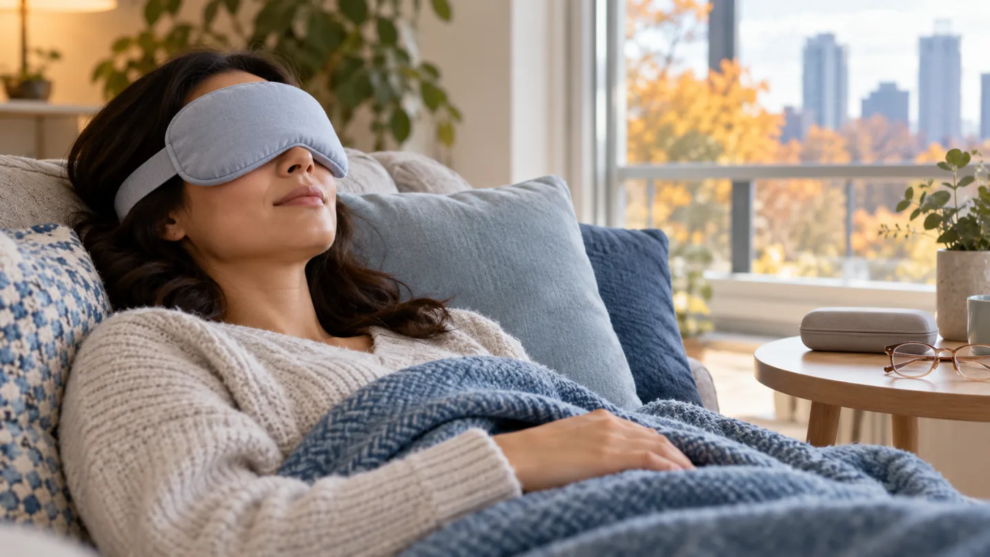Illustration of an adult resting with a clean warming eye mask over closed eyes at home