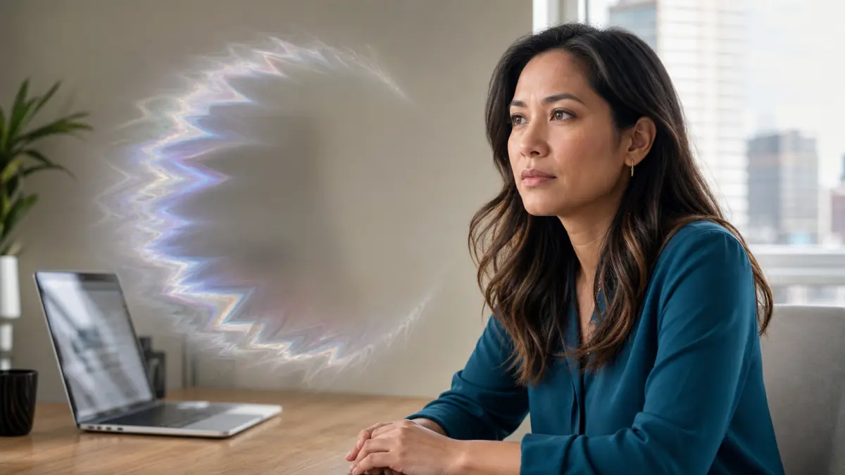 North York adult experiencing a subtle expanding zigzag visual aura while seated at a home-office desk