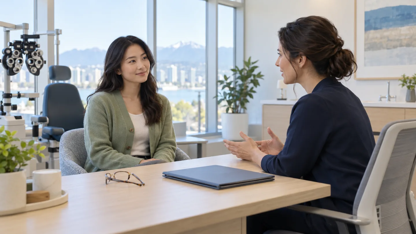Illustrative consultation between a young adult and an eye care professional about ongoing optic nerve monitoring.