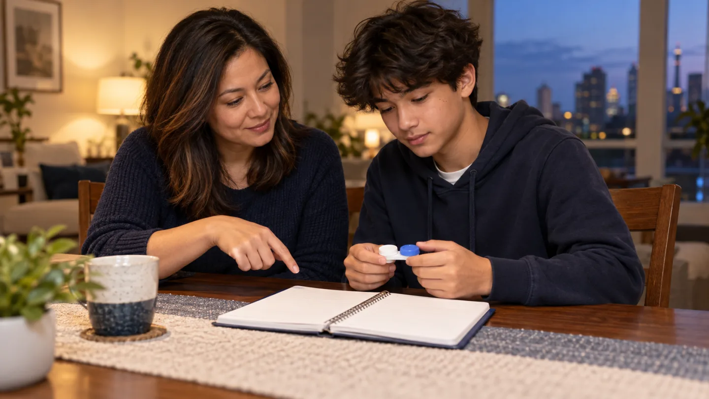 Illustrative scene of a parent and teenager planning a contact lens routine at a table.