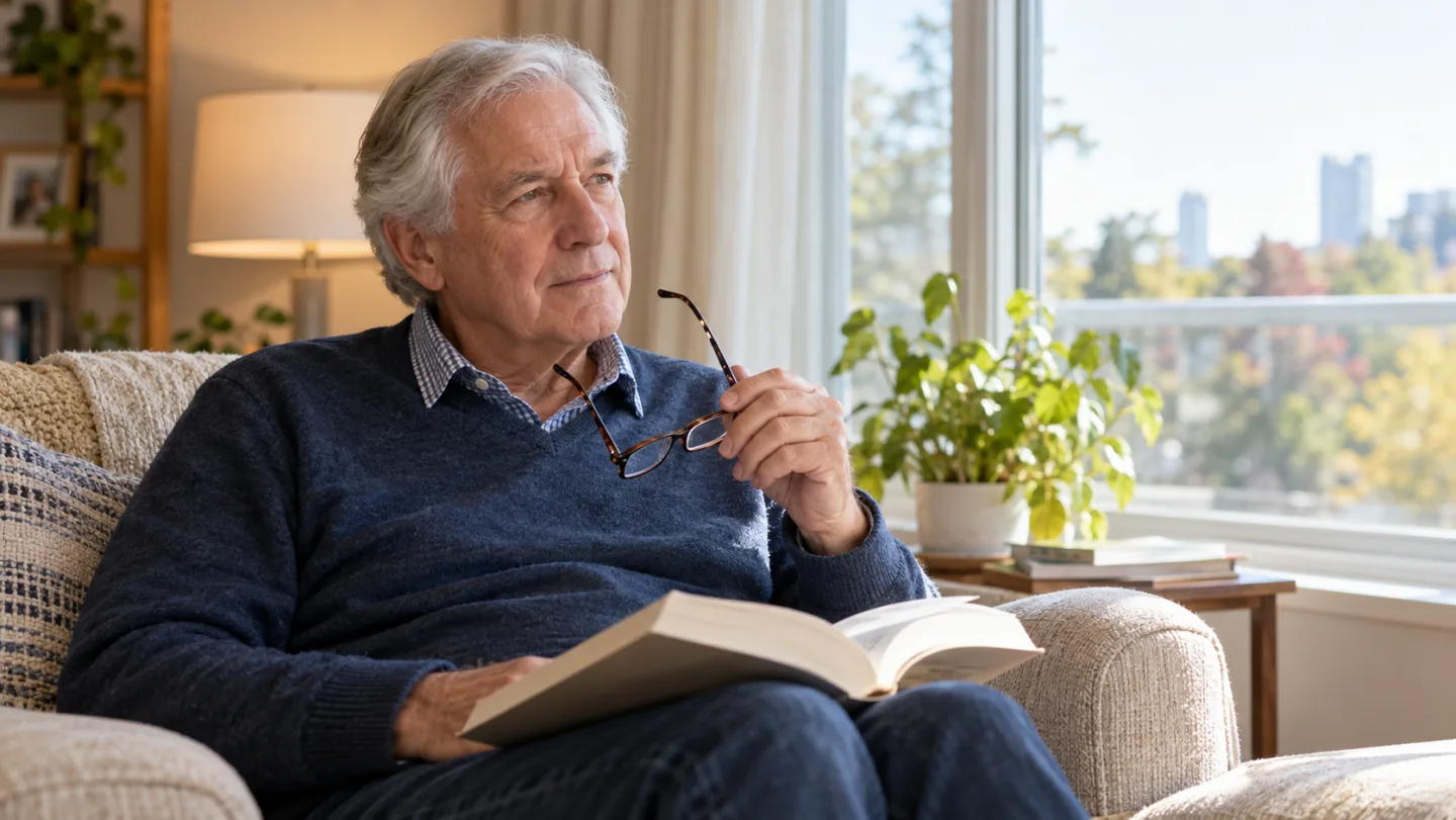 Illustrative photograph of an older man pausing over a book while holding his glasses.