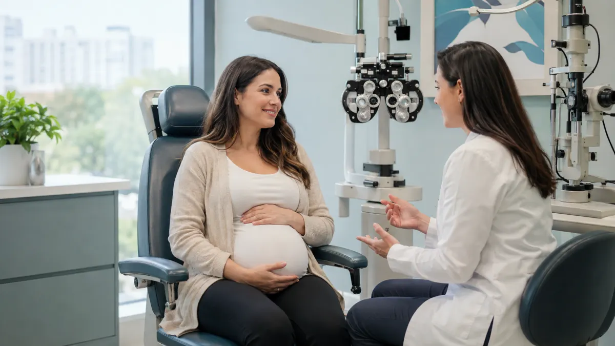 Pregnant North York patient discussing routine eye care with an optometrist