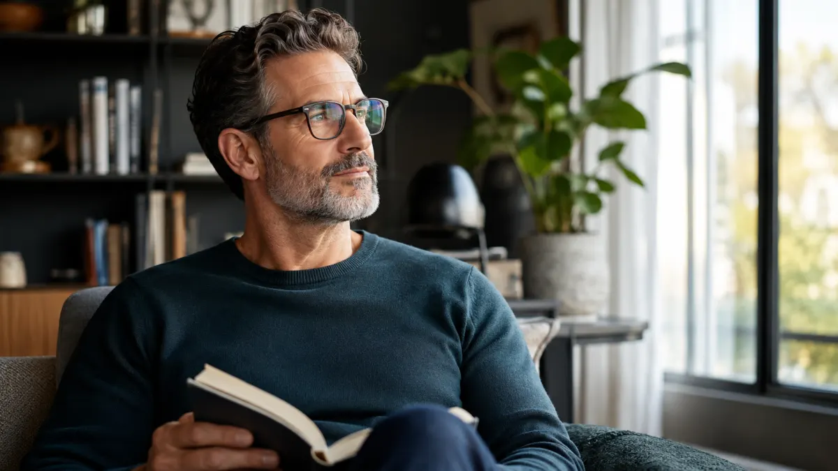 North York adult wearing progressive glasses while looking up from a book toward a distant window