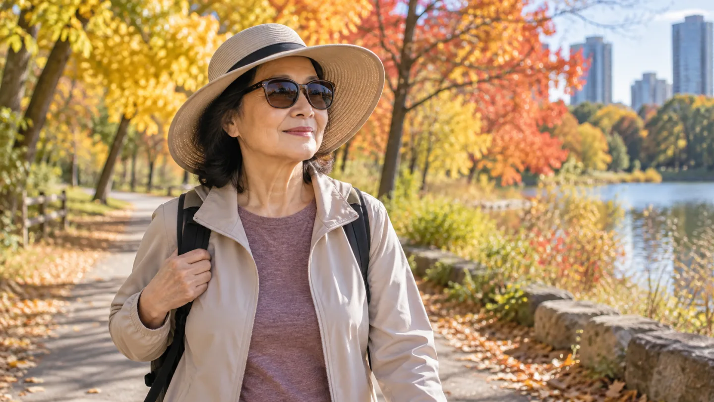 Illustrative photograph of a woman wearing sunglasses and a broad brim hat on an autumn park walk.