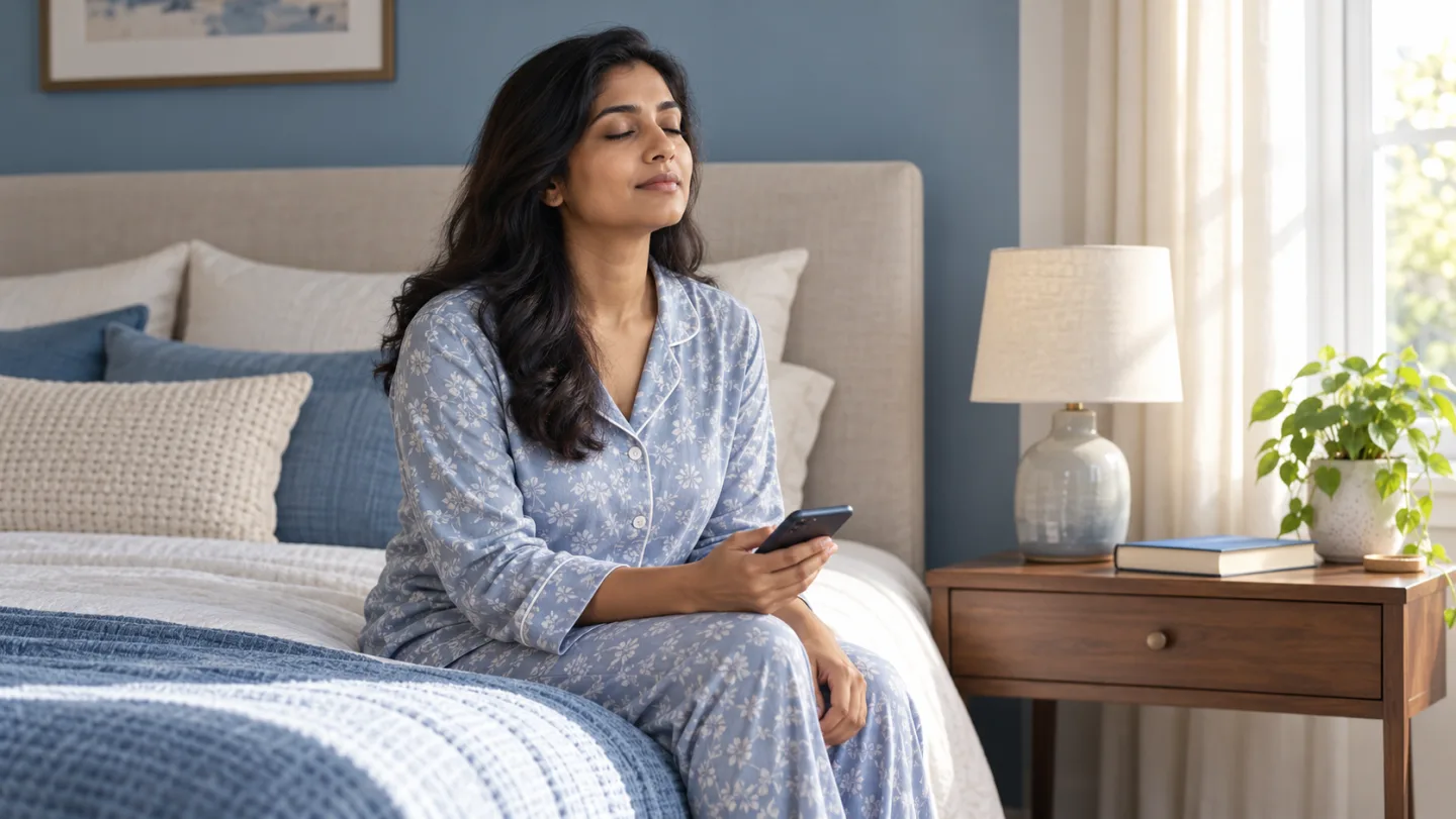 Illustrative morning scene of a woman sitting beside her bed with her eyes gently closed.