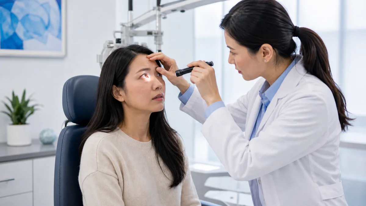 Optometrist assessing a patient with red eye symptoms