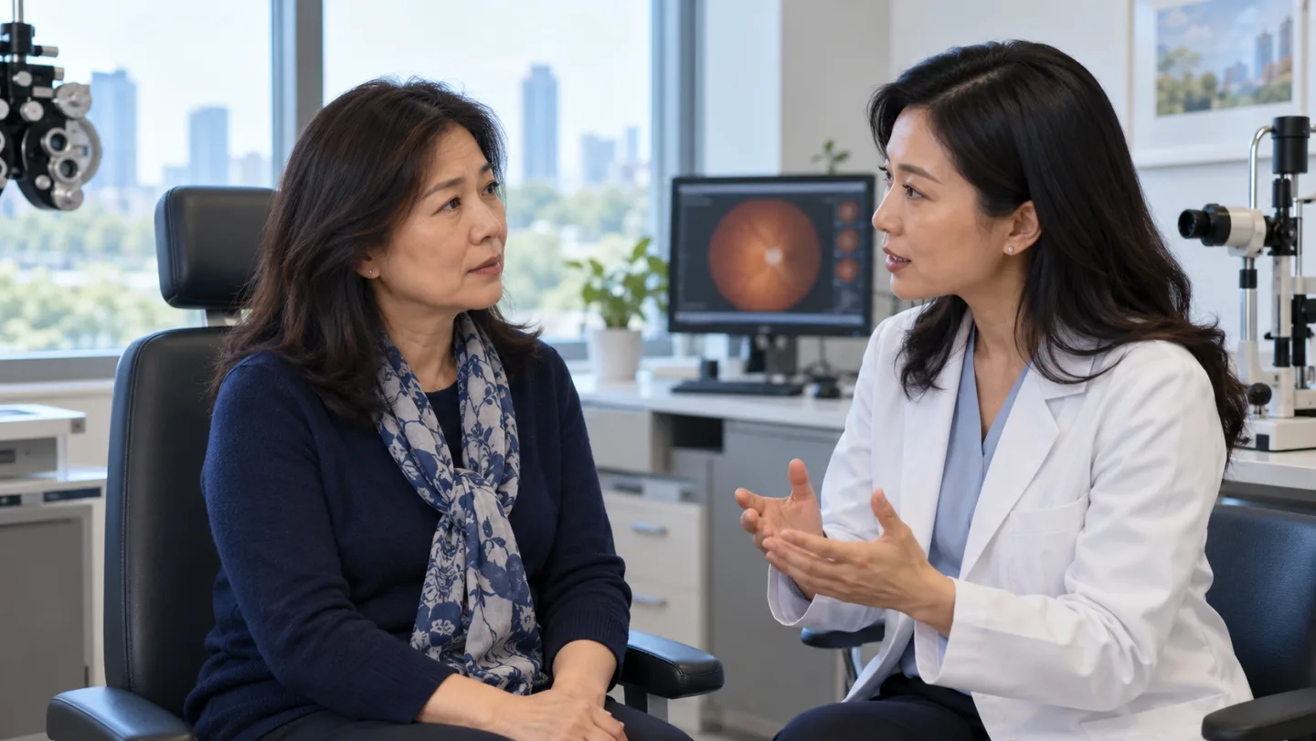 Illustration of a patient discussing retinal health with an optometrist in an examination room