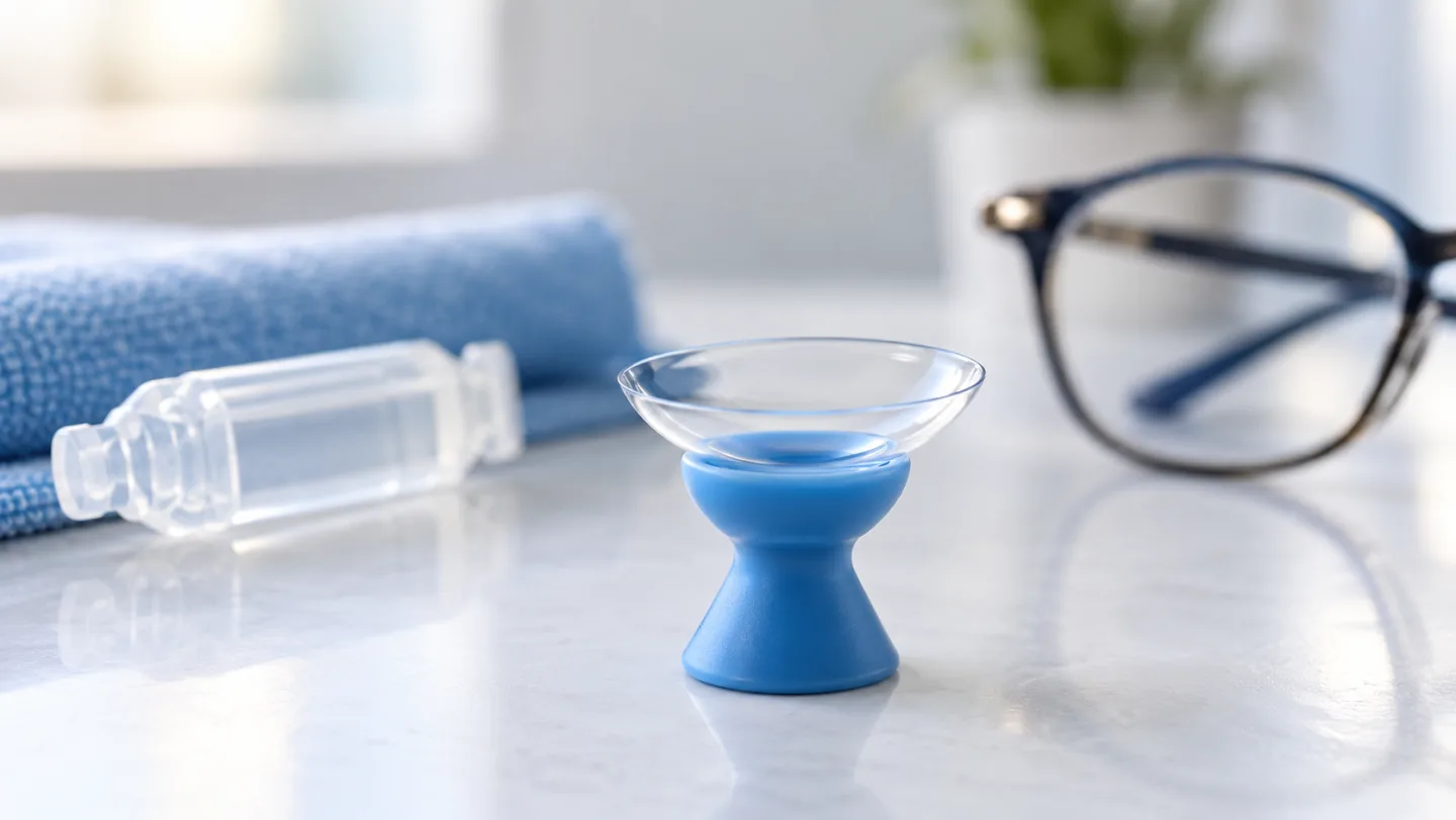 Illustration of a clear scleral contact lens on a blue insertion holder beside lens-care supplies