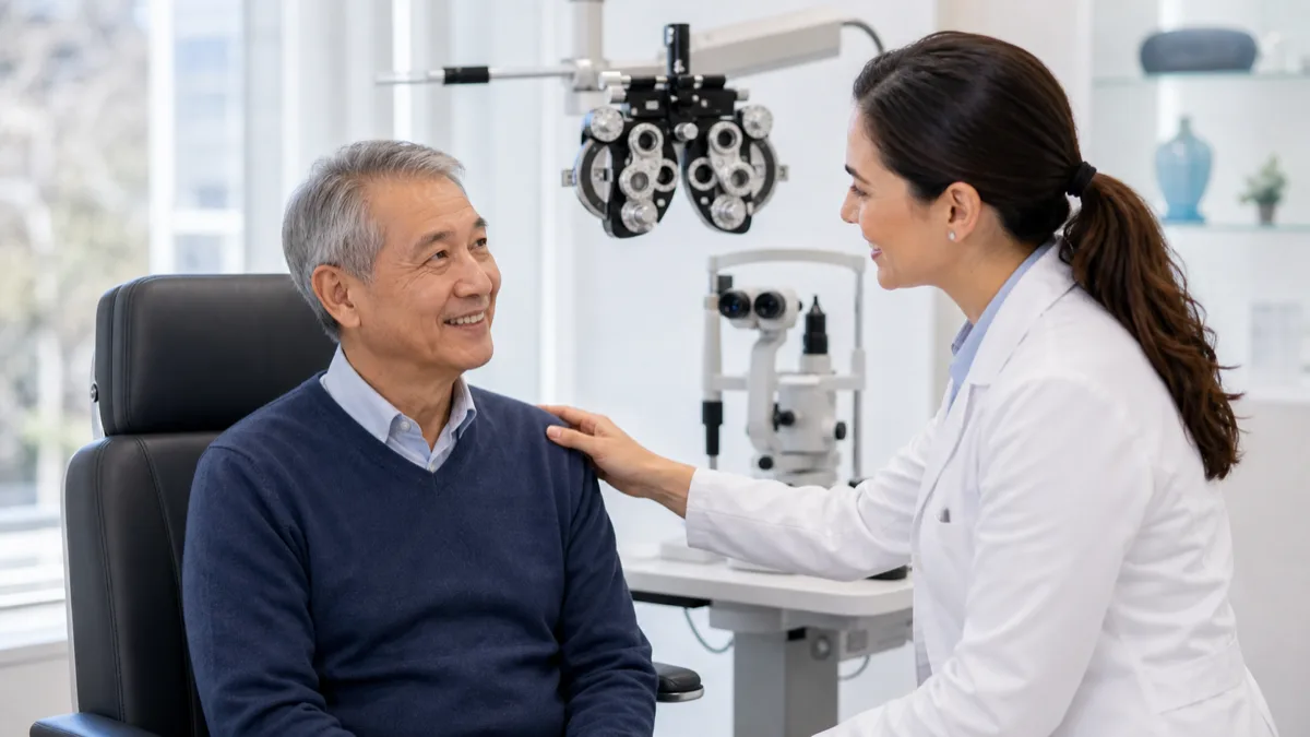 Senior patient smiling during an eye care visit with an optometrist