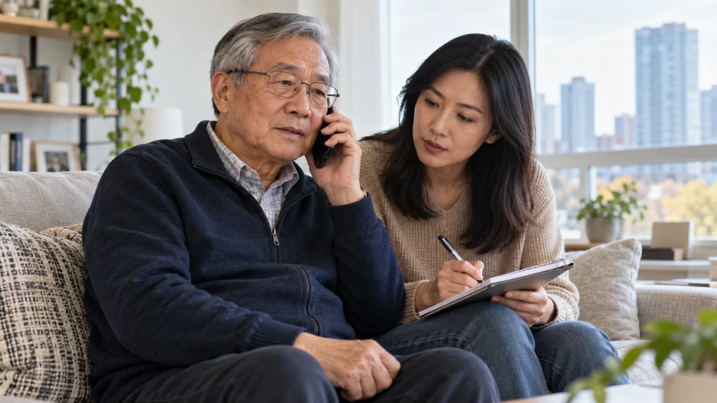 Illustrative scene of an older man calling for medical advice with help from his adult daughter.