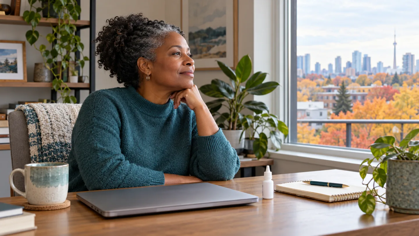 Illustrative scene of a woman taking a screen break beside a window, with eye drops on her desk.
