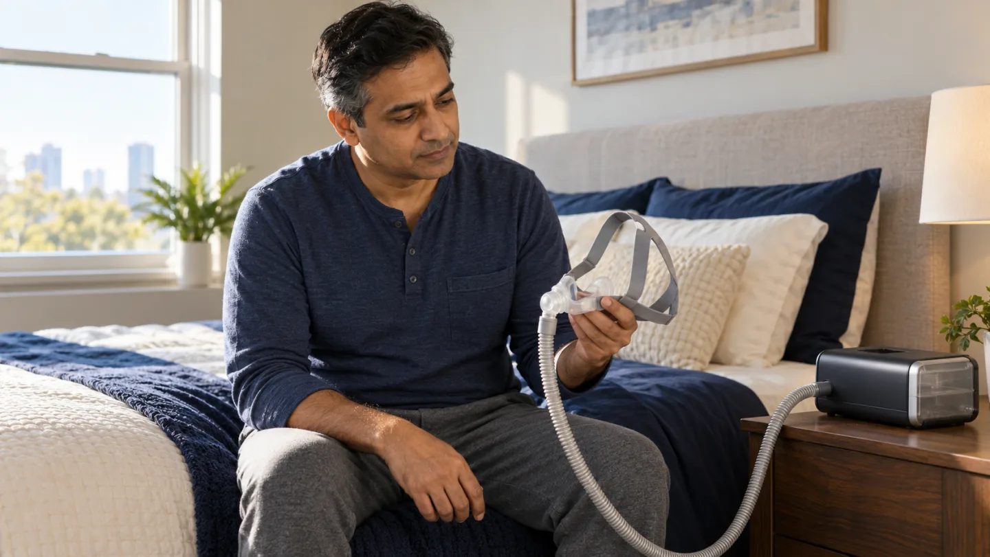 Illustrative scene of a man reviewing his CPAP mask beside a neatly made bed.