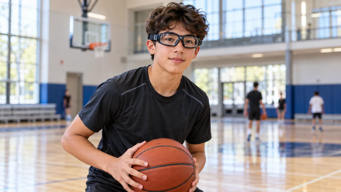 Illustration of a young basketball player wearing protective sports goggles in a community gym