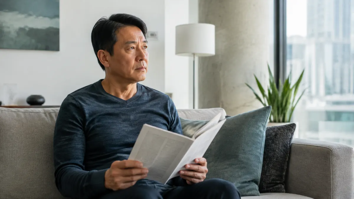 North York adult pausing while reading after noticing an unexpected vision change